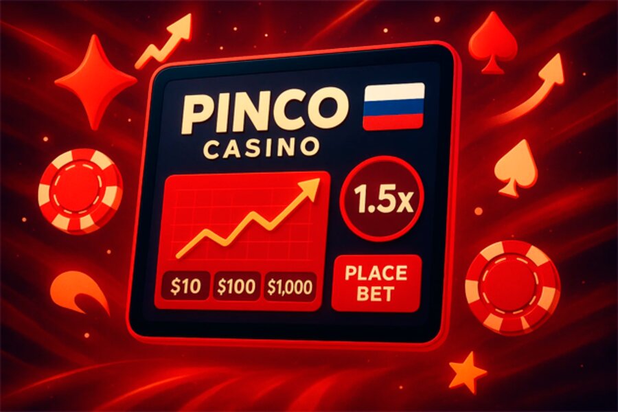 Рекламный баннер казино: планшет с надписью Pinco Casino, растущий график со стрелкой вверх, множитель 1.5x, суммы ставок 10, 100 и 1000 долларов и кнопка Place Bet